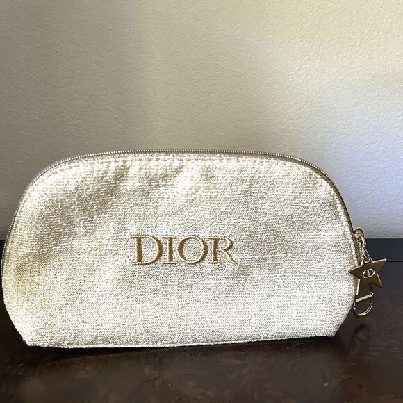 Dior Gold Embroidered Cosmetic Bag Never used Travel Storage Zipper Charms GWP - Picture 1 of 8
